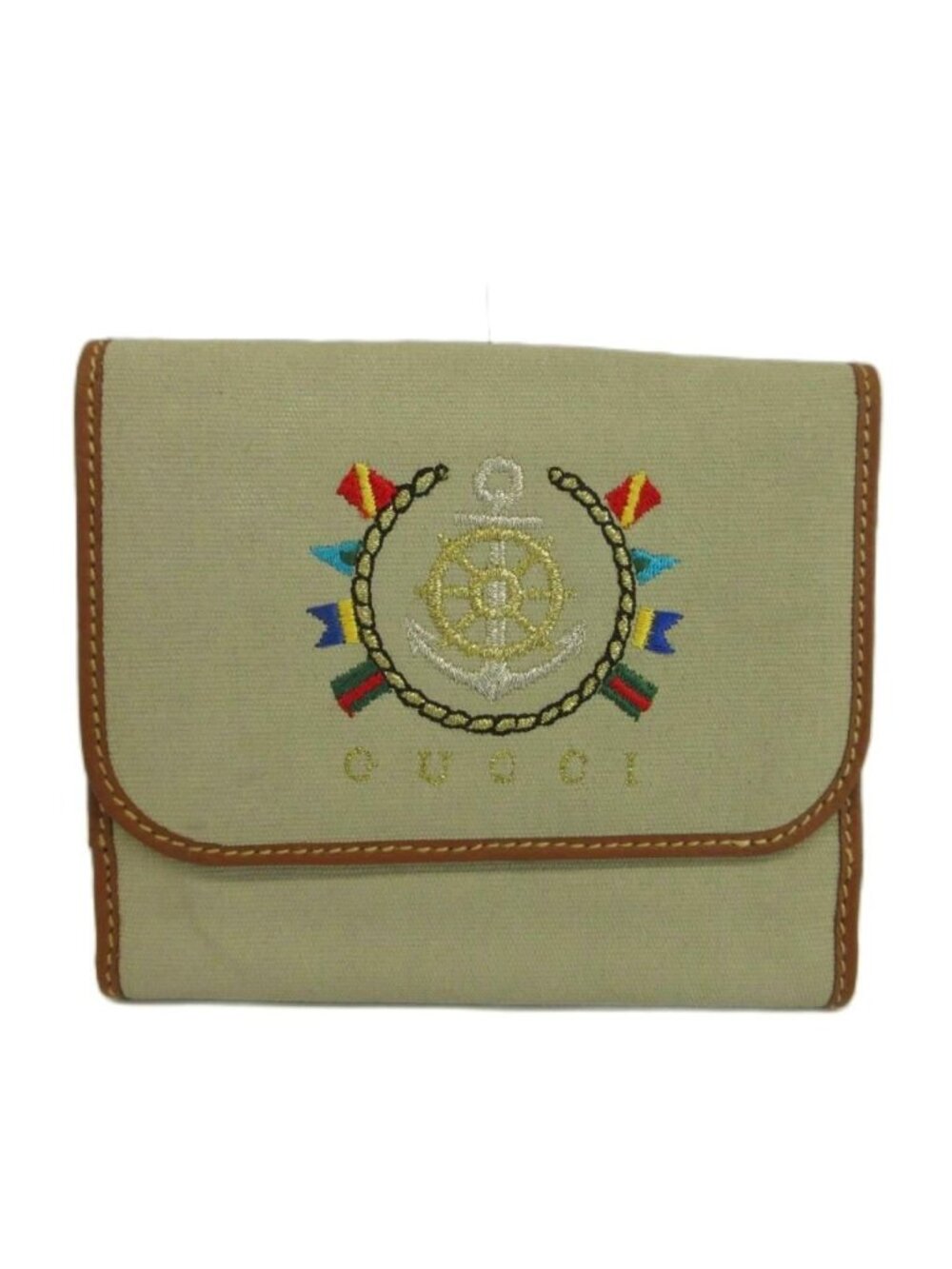 Gucci Vintage Wallet Bifold Canvas Leather Snap Marine Emblem Embroidery Beige